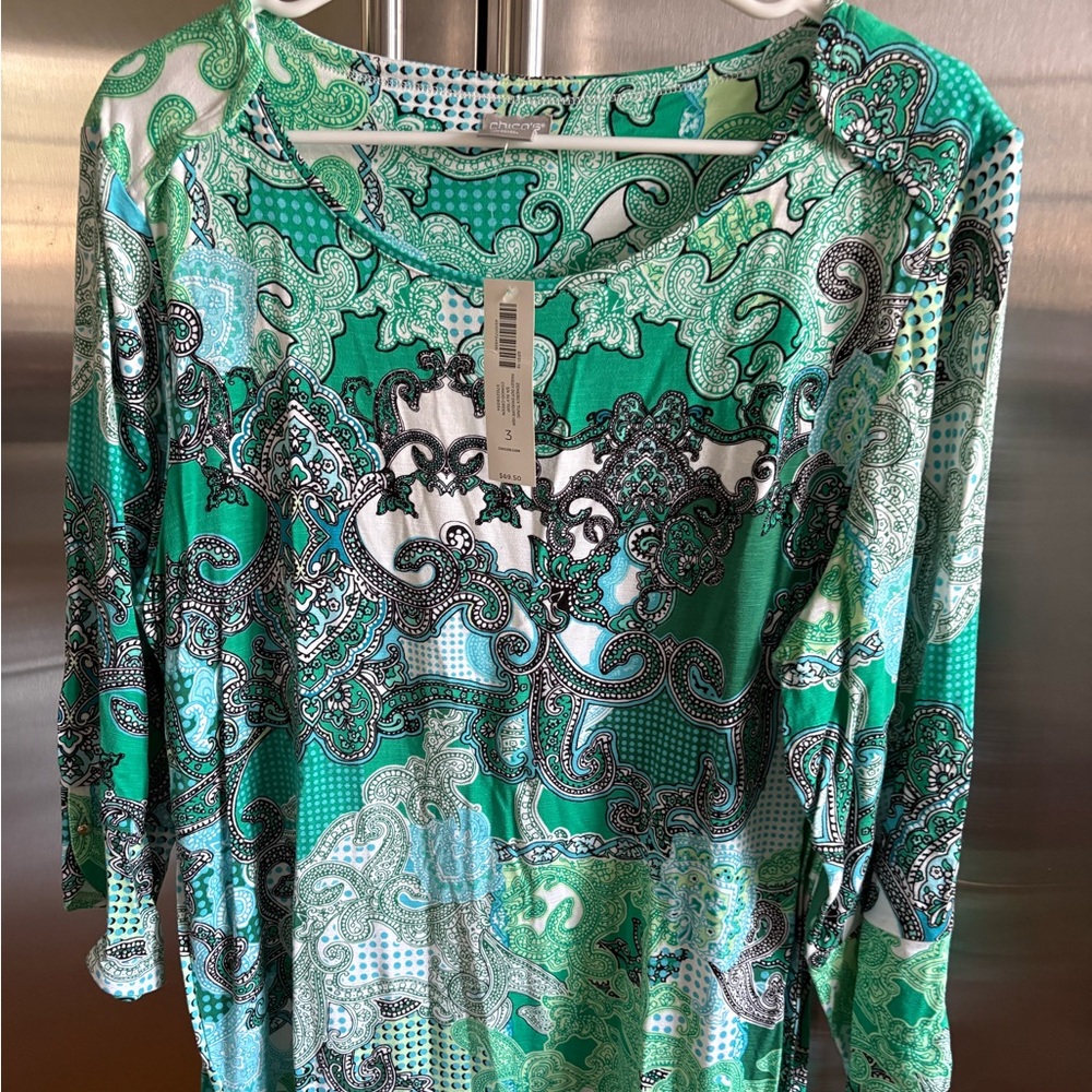 ON SALE!! Chico's Green Teal Paisley Long-Sleeve Tunic